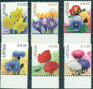 Латвия, 2014, Цветы, стандарт, 6 марок с полем ( не из блока)